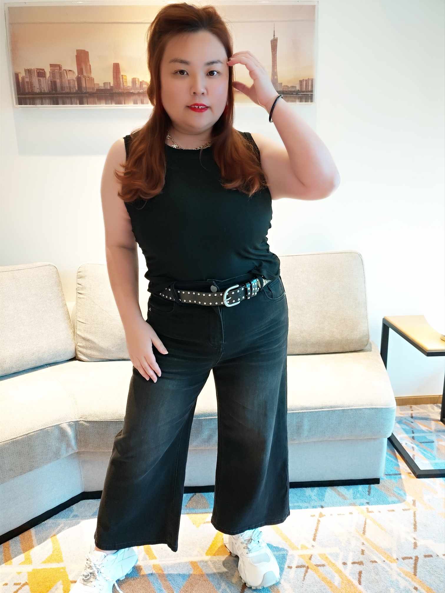 YCF08 3055 柳丁腰带弹力牛仔直筒9分裤