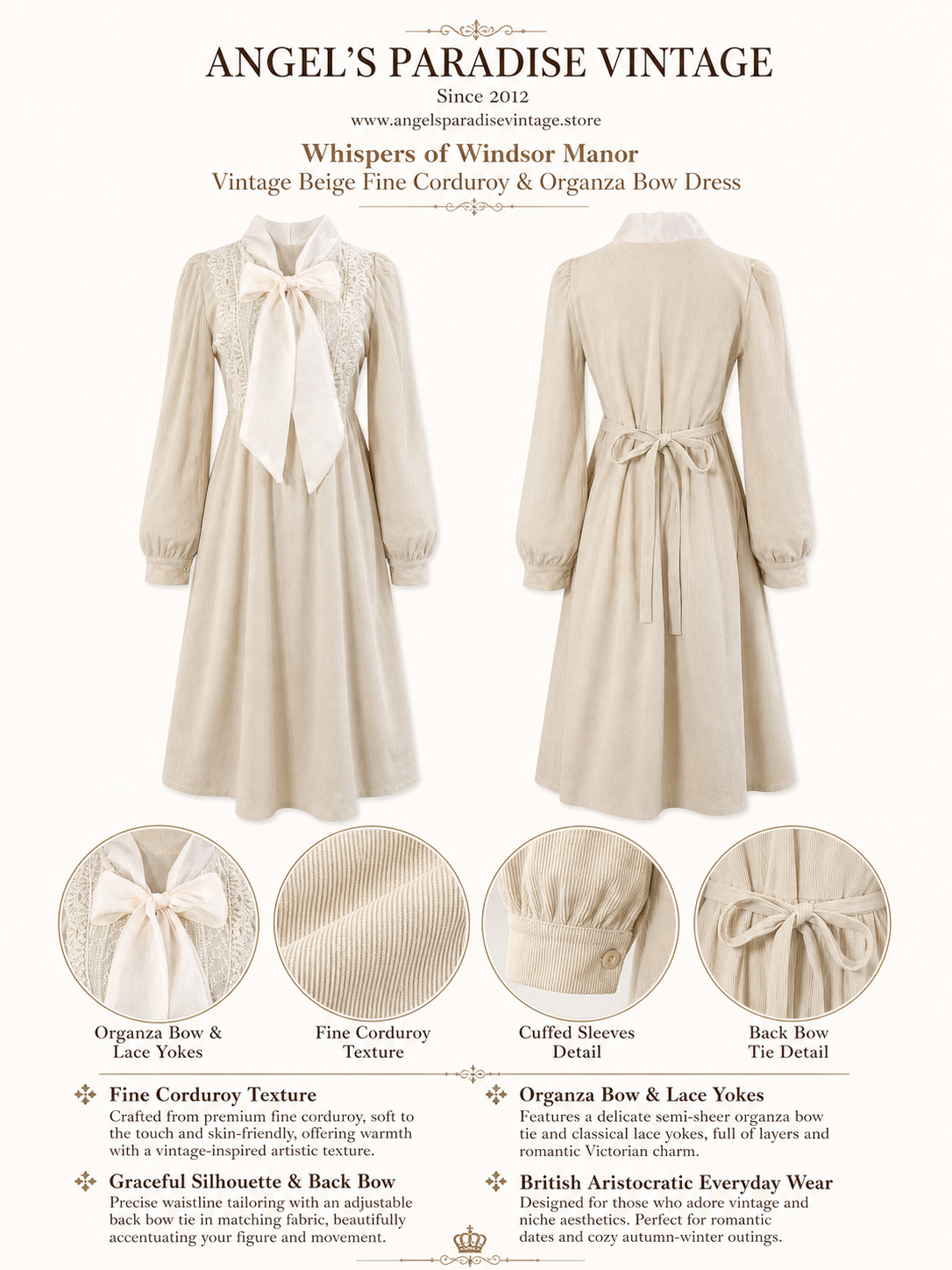 溫莎莊園的冬日絮語 ∙ 古董米色幼燈芯絨蕾絲蝴蝶結連身裙 Whispers of Windsor Manor ∙ Vintage Beige Fine Corduroy & Organza Bow Dress
