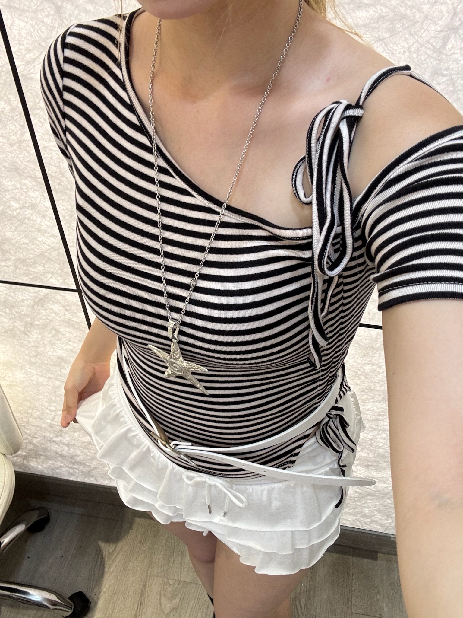 韓國間條斜膊綁帶Top