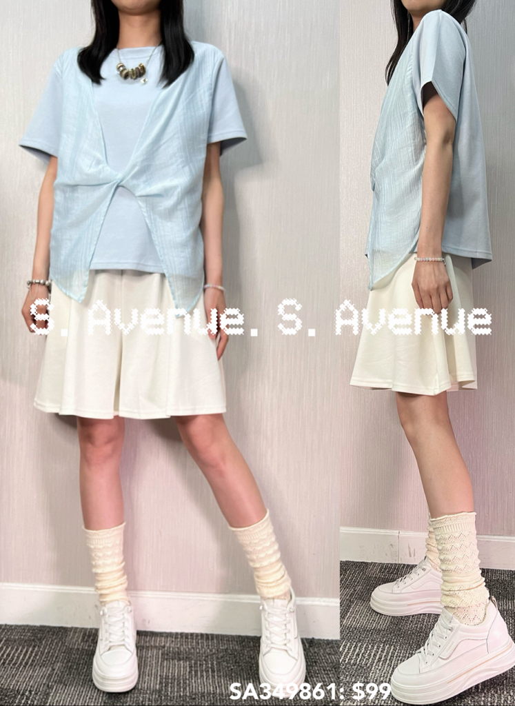 SA349861: 短袖中間打結雪紡假兩件