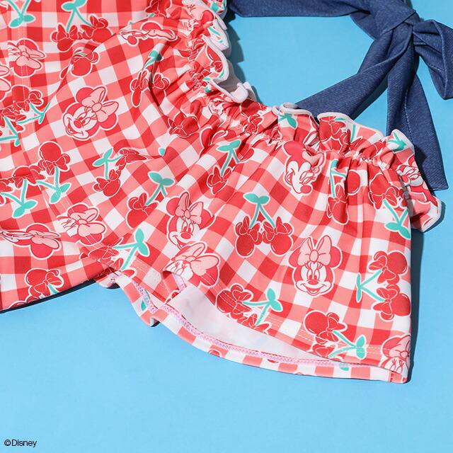 🆕【⭐訂購⭐】 🇯🇵日本直送 🌀#Minnie 荷葉邊領格紋上衣 + 牛仔布褲 泳衣 兩件套🌀 [ELDA-0206][260522]