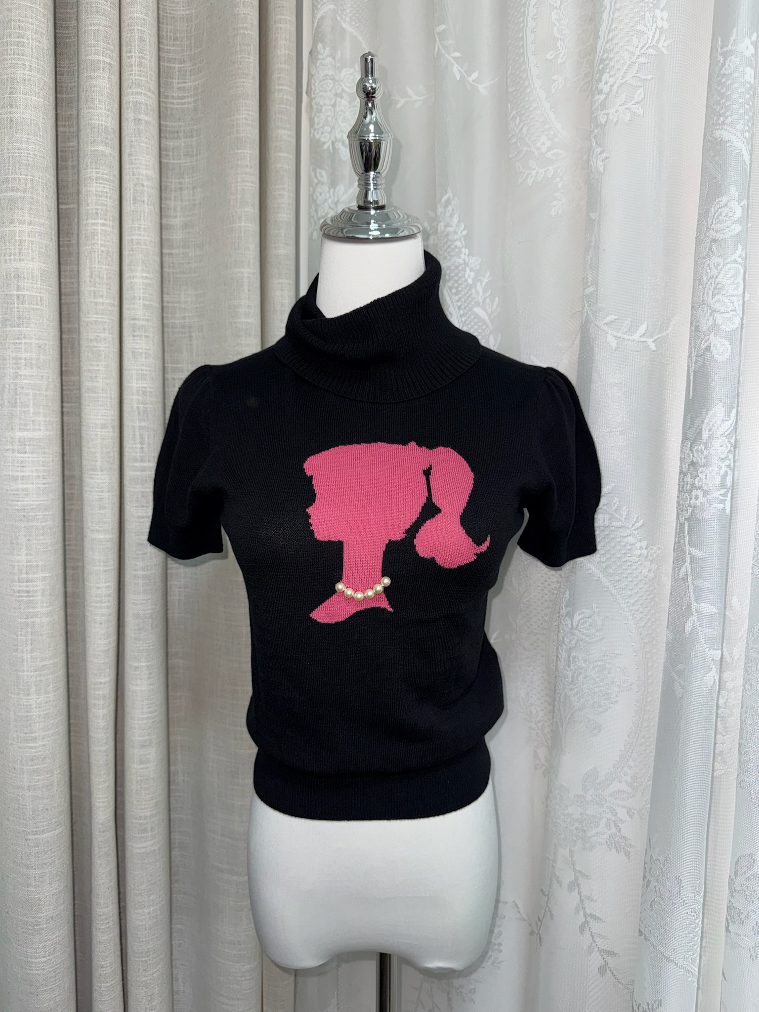 2008sOfficial Barbie 3D Pearl High-Neck Knitted Short-Sleeve Top