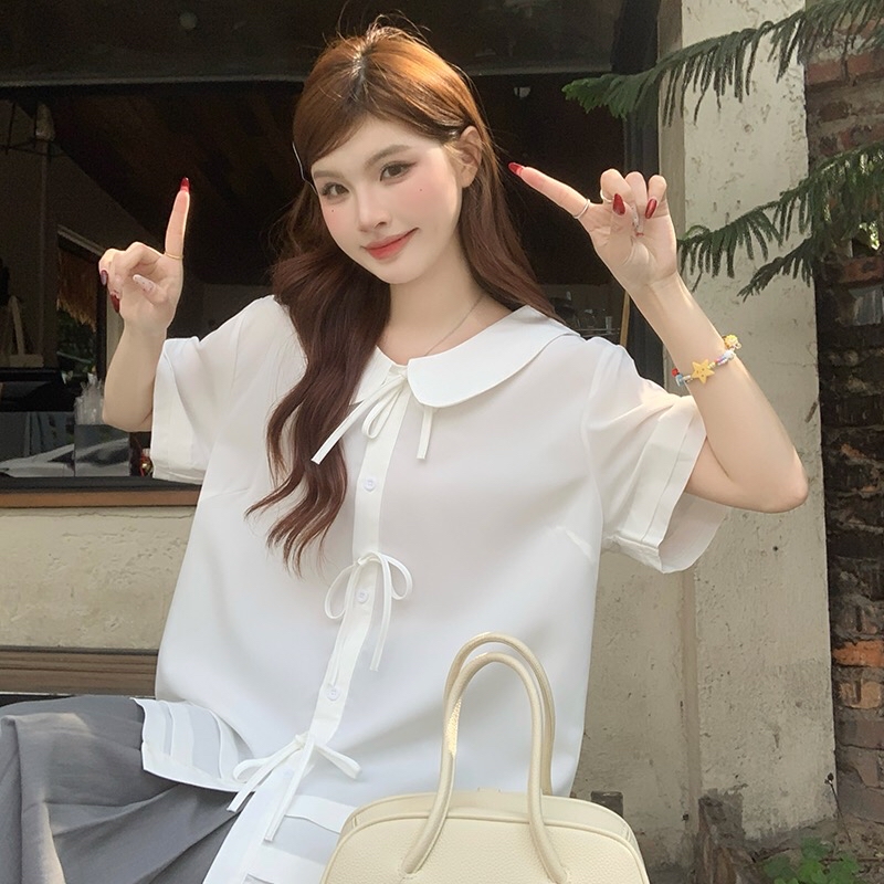 B271(8176) 韩系学院风减龄娃娃领前排蝴蝶结白衬衫上衣