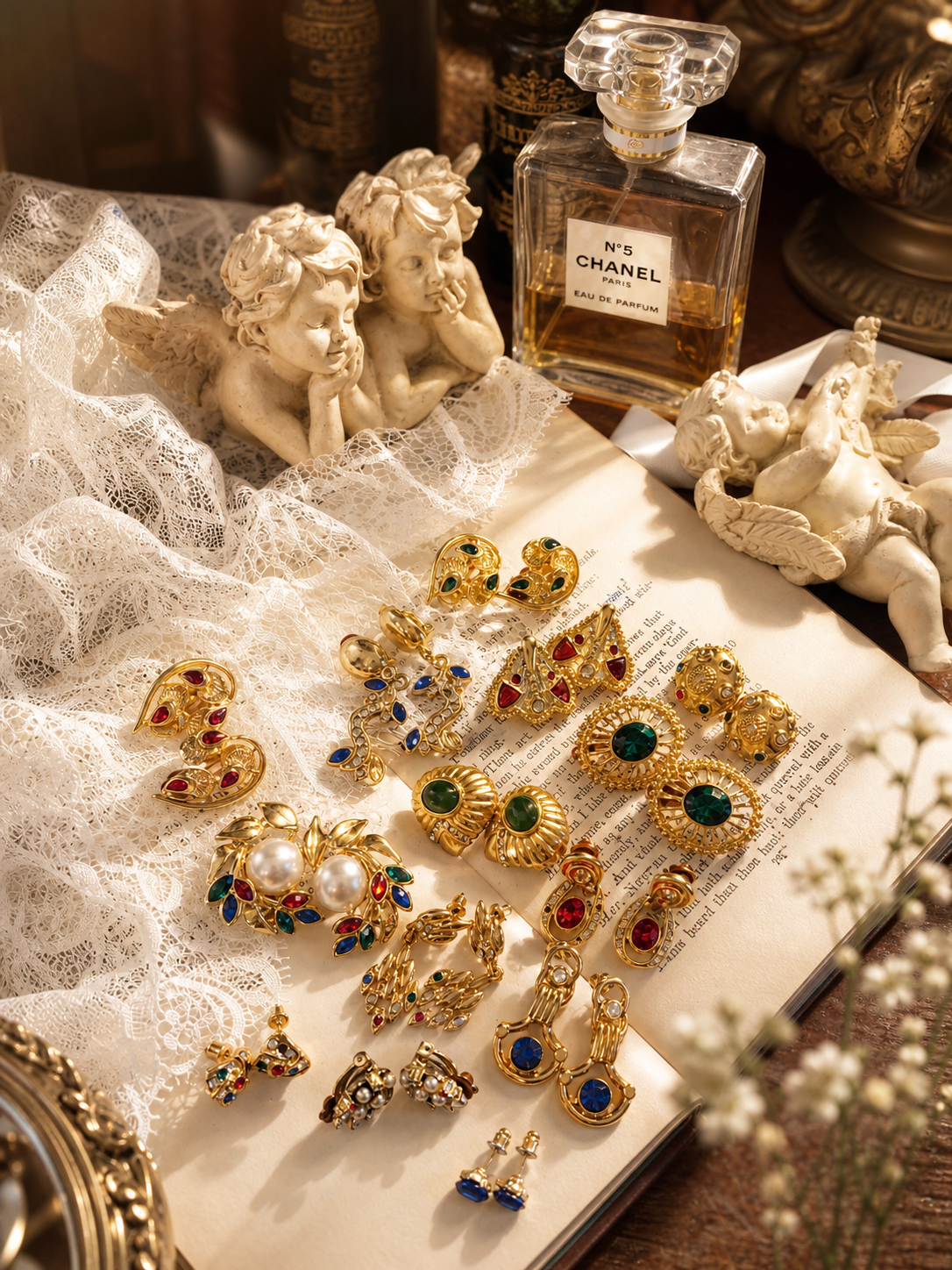 拜占庭的琉璃盛宴 ∙ 西洋古董紅綠藍三色寶石耳環系列  Byzantine Jewel Feast ∙ Vintage Tri-Color Gemstone & Glass Earring Collection