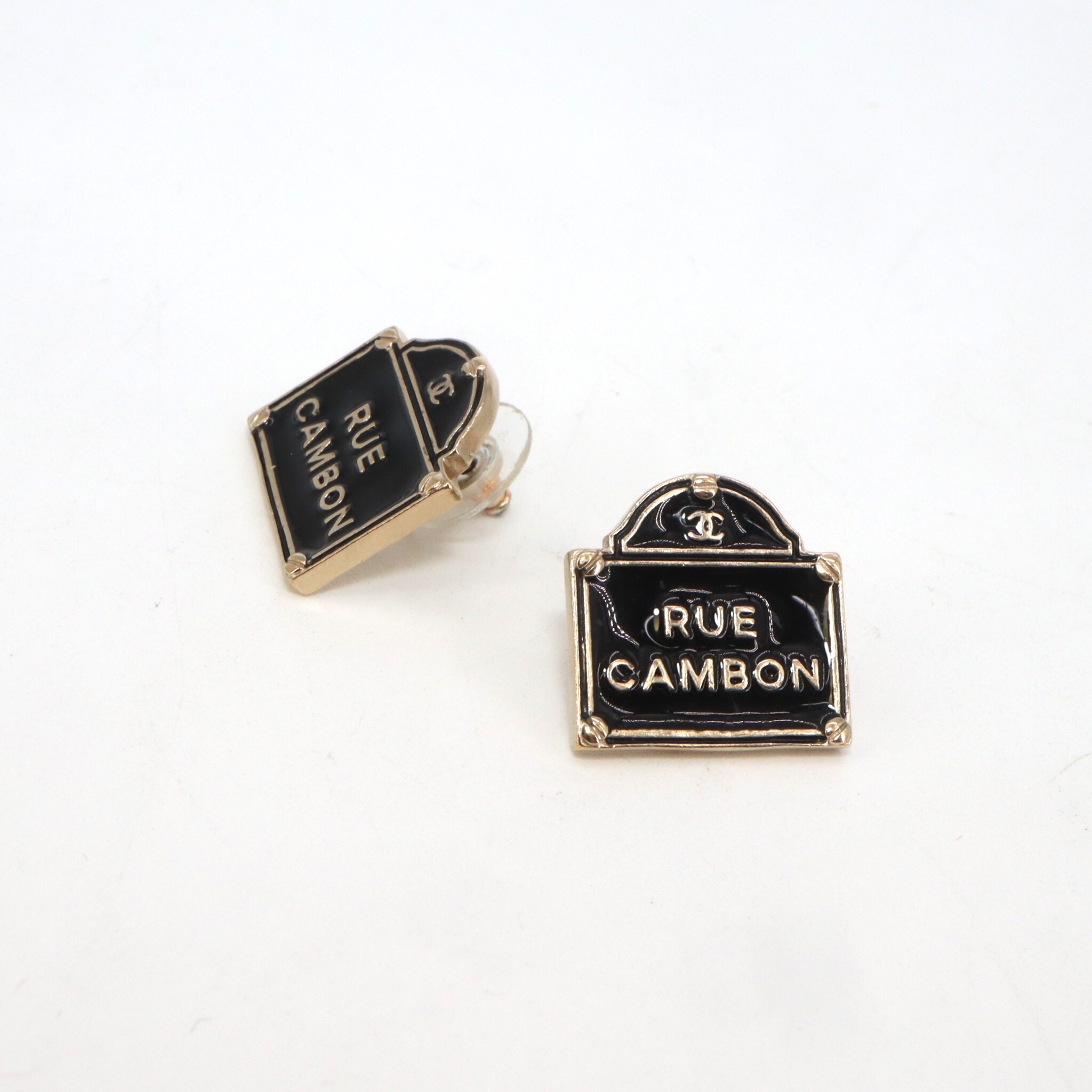 Chanel Coco Mark "Rue Cambon" Sign Piercing Earrings