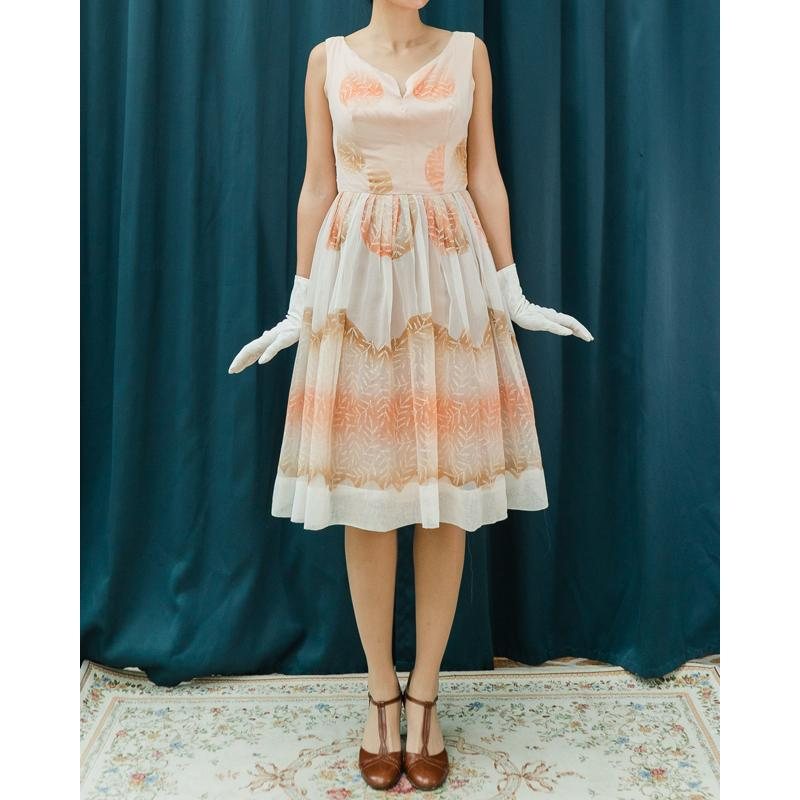 C.a. 1950s Dreamy Leafy Pattern Chiffon Day & Night Fit and Flare Dress (MT1508)