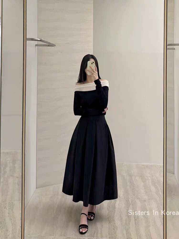 Contrast Mesh Bardot Neck Cotton Top ‖ 撞色柔纱拼接一字领棉质上衣 KR01681152