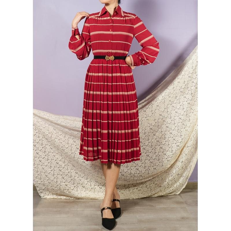 Vintage Japanese Linear Pattern Red Shirtdress Pleated Day Dress(MT1608-104)