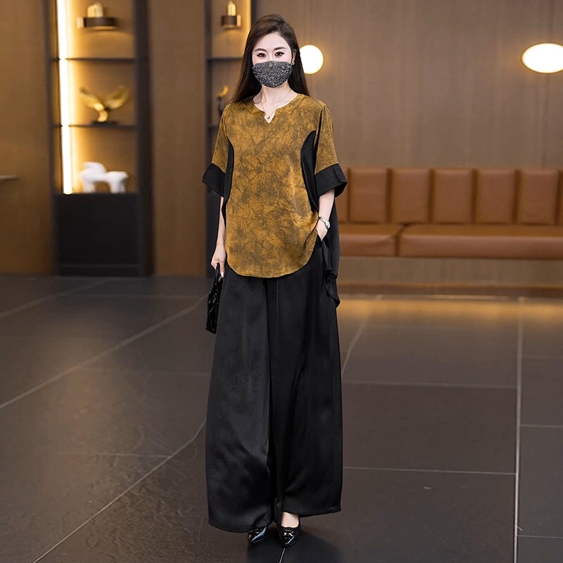 B207(2560) 新中式气质洋气国风染撞色卷边袖黄上衣与黑长裤套装