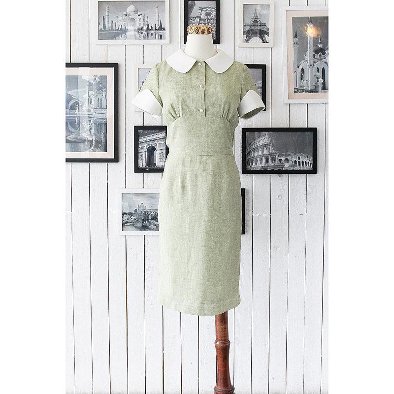 （SOLD OUT） 1950s Summer Lady Worker Olive Linen Dress(FM022)