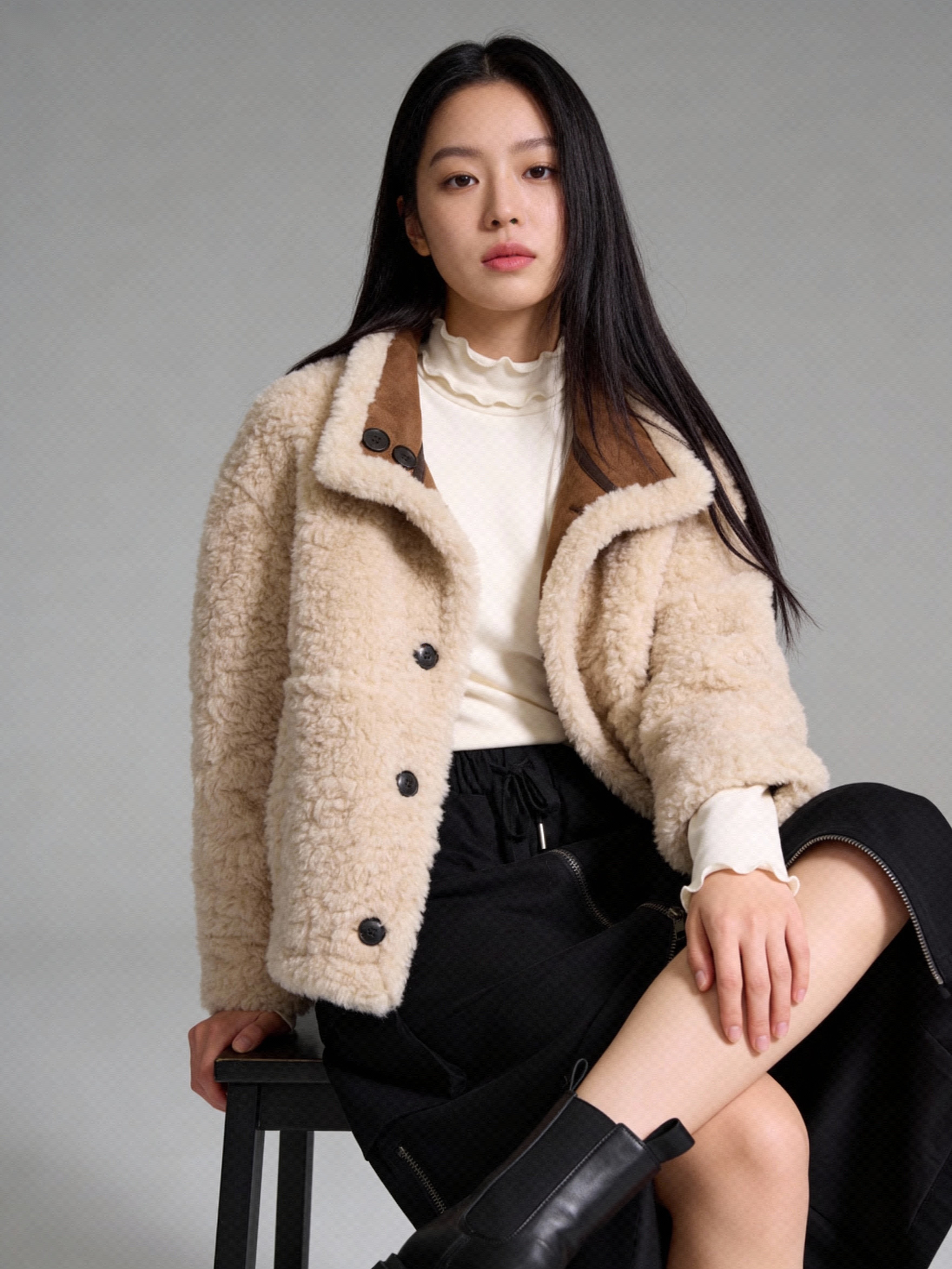 雙面穿麂皮毛領短版飛行夾克