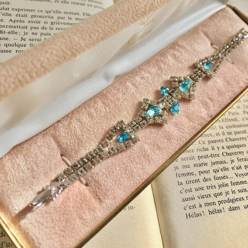 Vintage Mid-century Aqua and Clear Rhinestone Sparkling Evening Bracelet - 7" (MT1963-3)