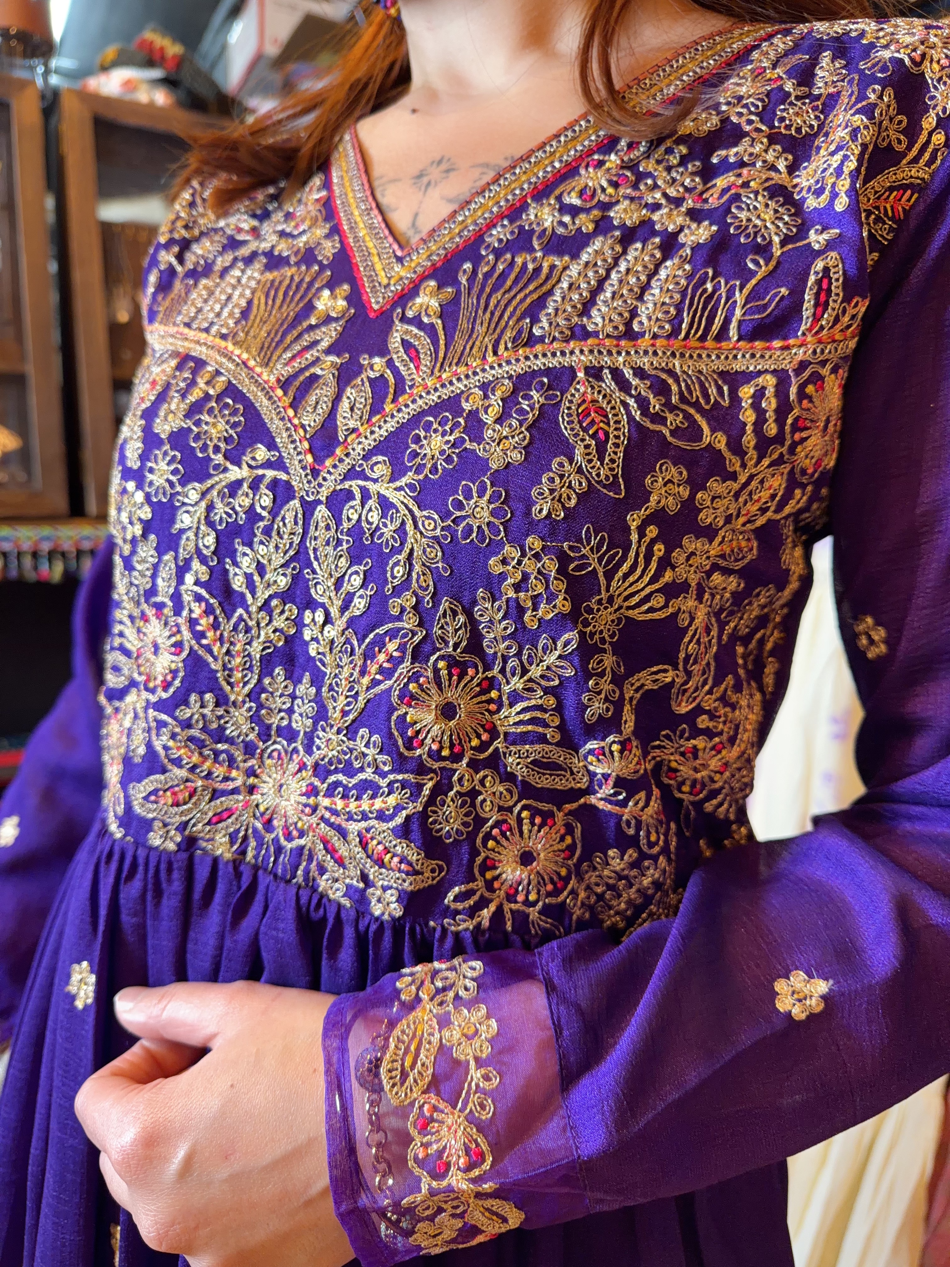 Iris Purple Gold Embrodiery V-neck Kurta 48" #1413