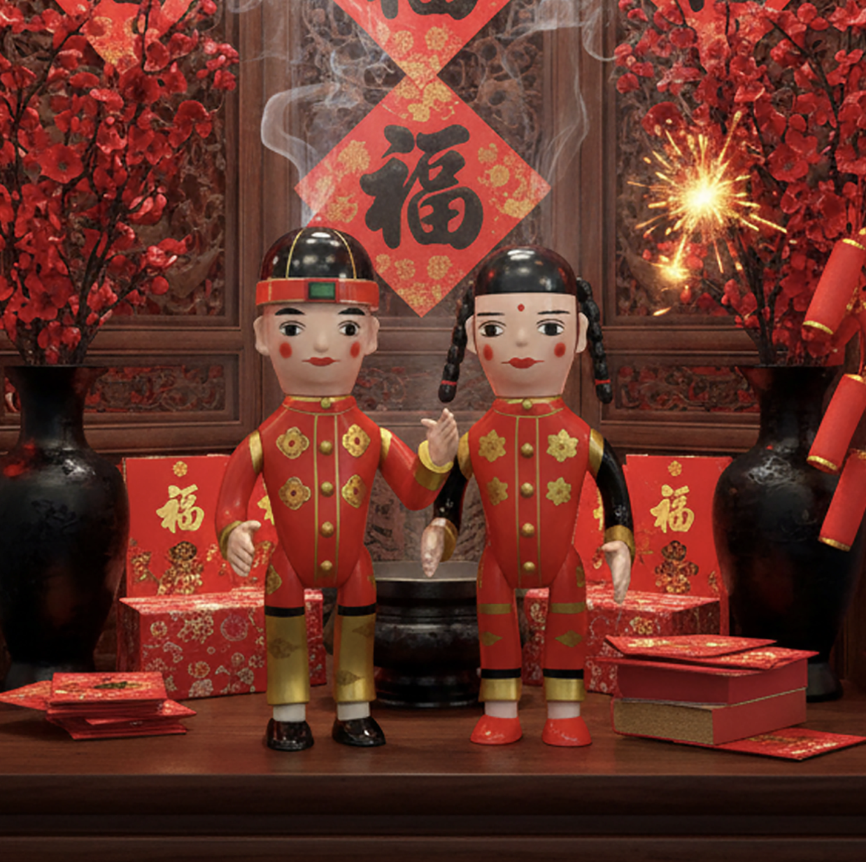 香港邪膠Happy Sofubi 金童玉女搪膠公仔（農曆新年版本）