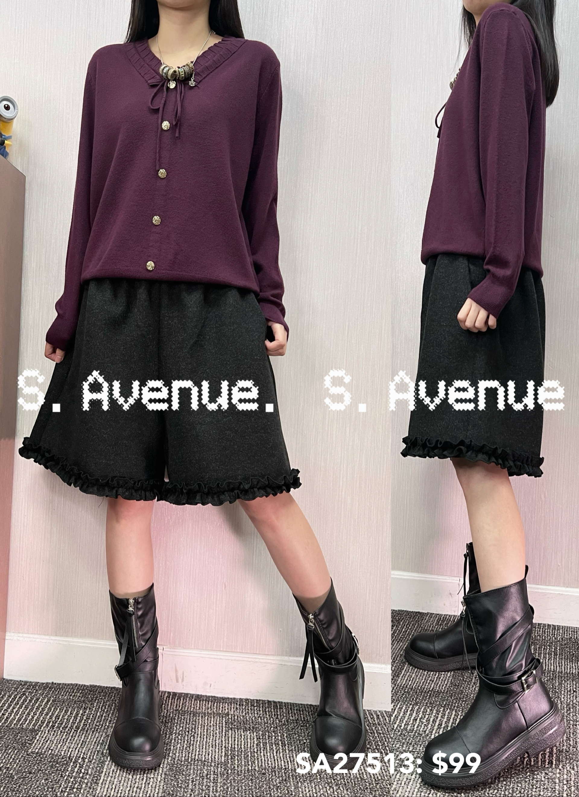 SA27513: 長袖V領綁帶假鈕top