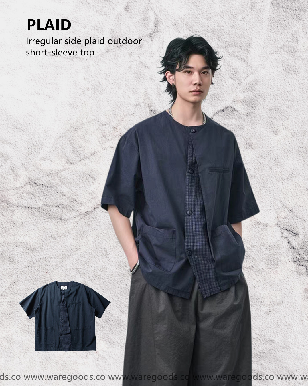 W053不規則格仔拼接短袖上衣