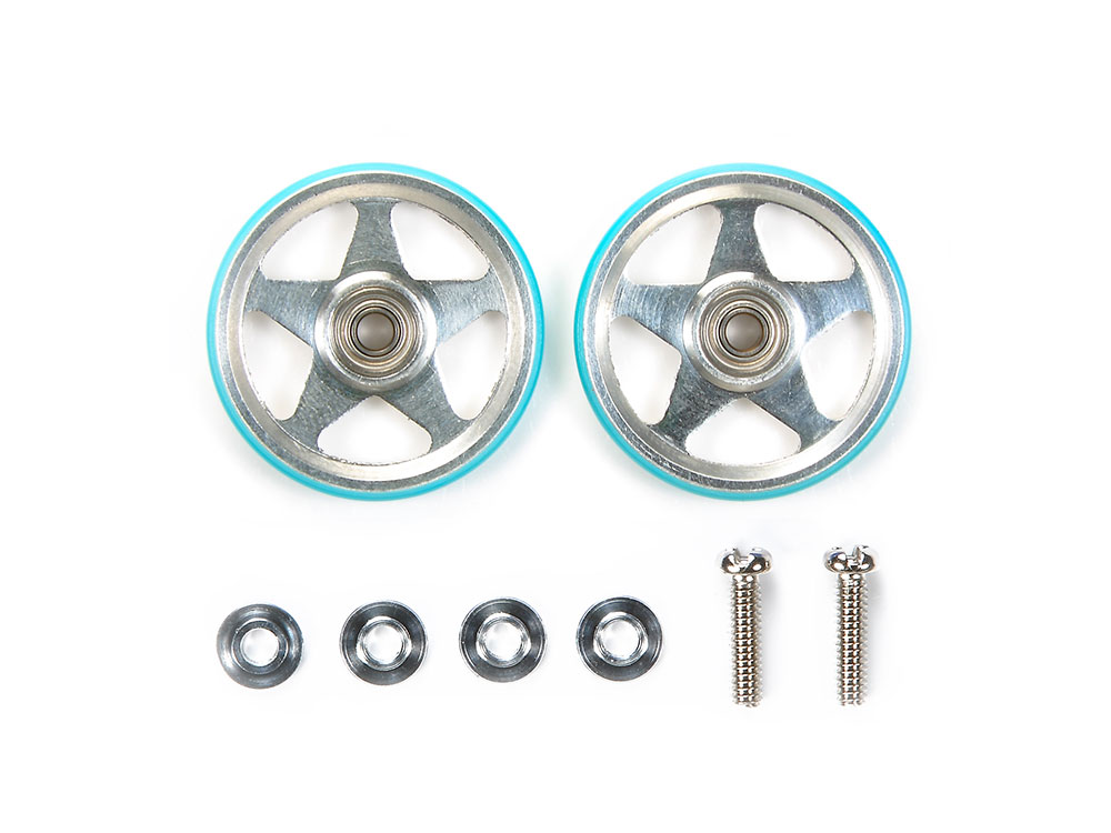 19mm ALUMINUM ROLLERS (5 SPOKES) w/PLASTIC RINGS (LIGHT BLUE)