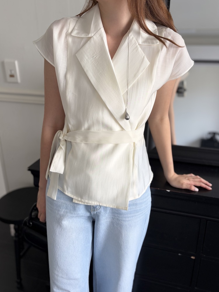 Silky Belted Wrap Blouse (Ivory)