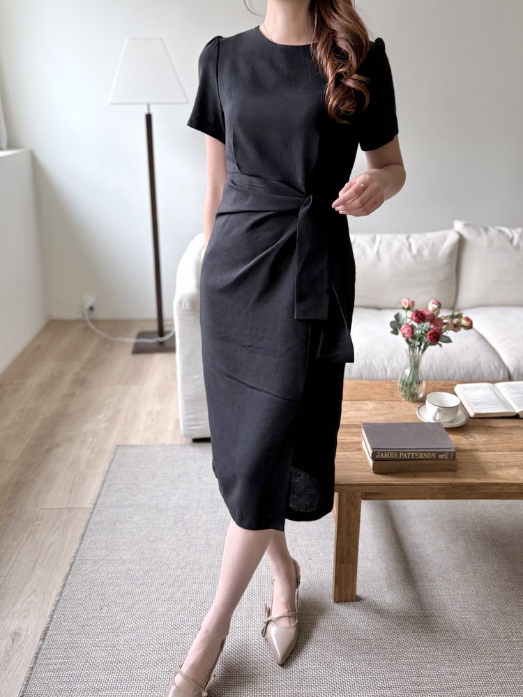 Elise Draped Slit Dress (Black)