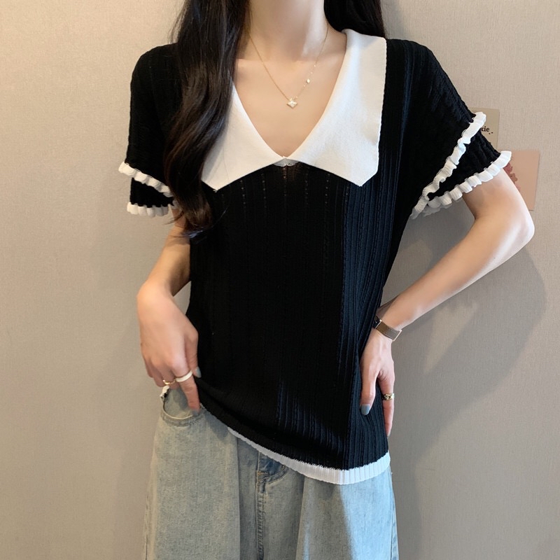 B26(878) 法式撞色娃娃领双层花边袖黑针织上衣 