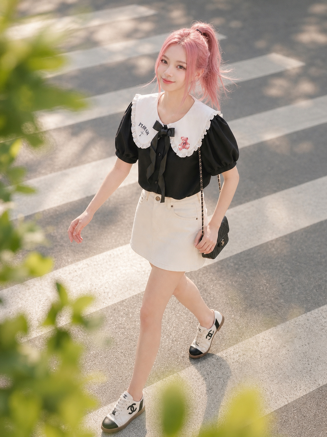 【APV - Girliness 】夜幕小熊的午茶約會撞色娃娃領黑白短袖襯衫 Midnight Teddy's Teatime Contrast Collar Vintage Blouse