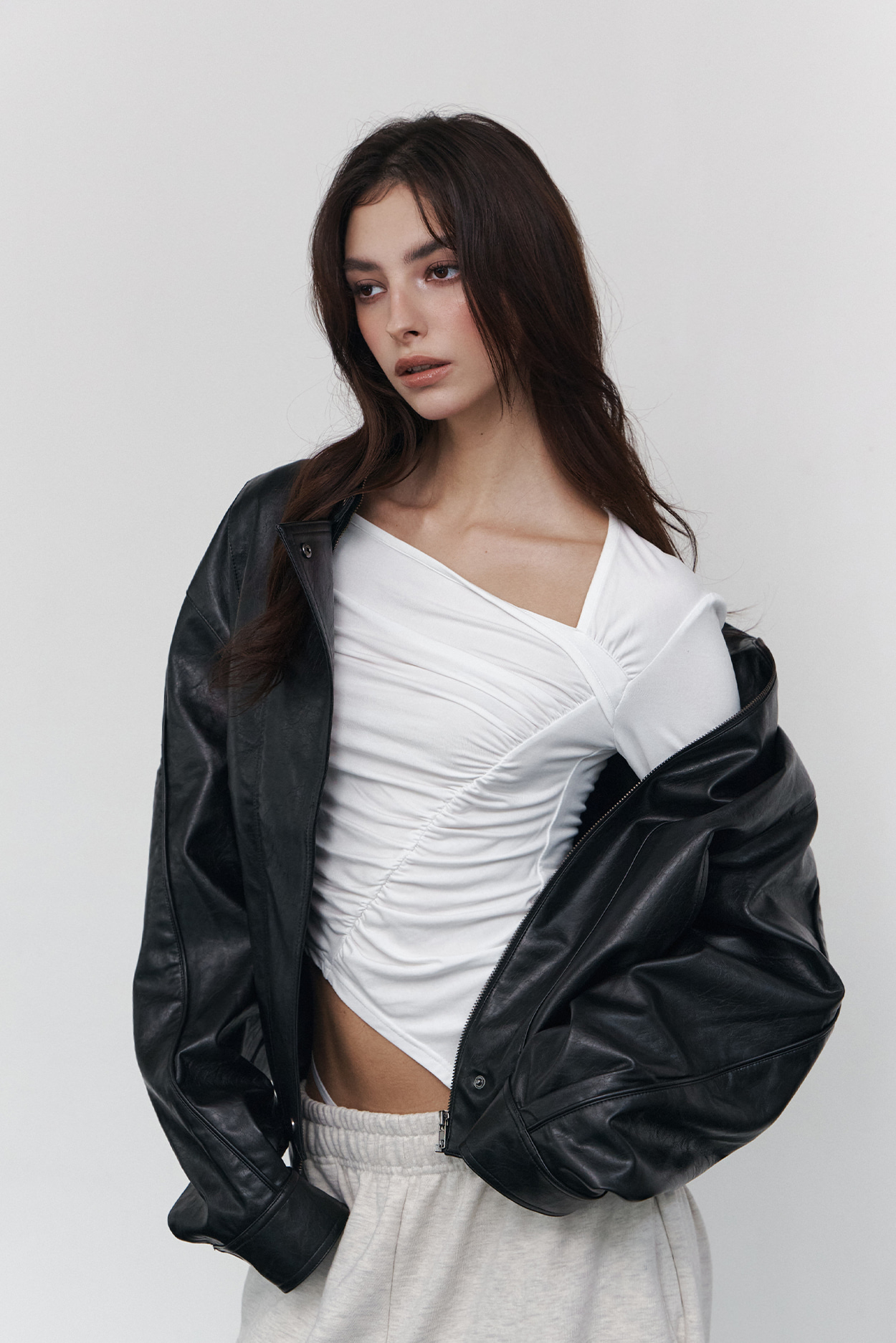pleaseNOFOLLOW - Sadie Unbal Shirring Long Sleeve Top (White)