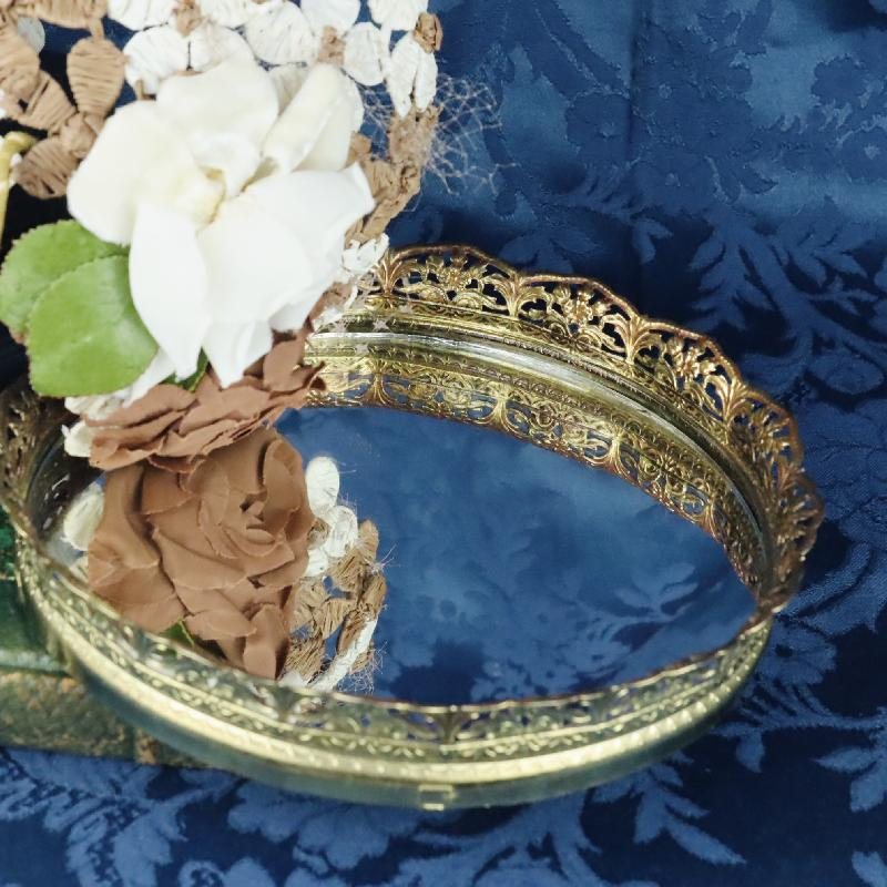 C.a. 1960-70s Stamped Filigree Gold Tone Round Mirror Tray / Vanity Tray (MT1686)