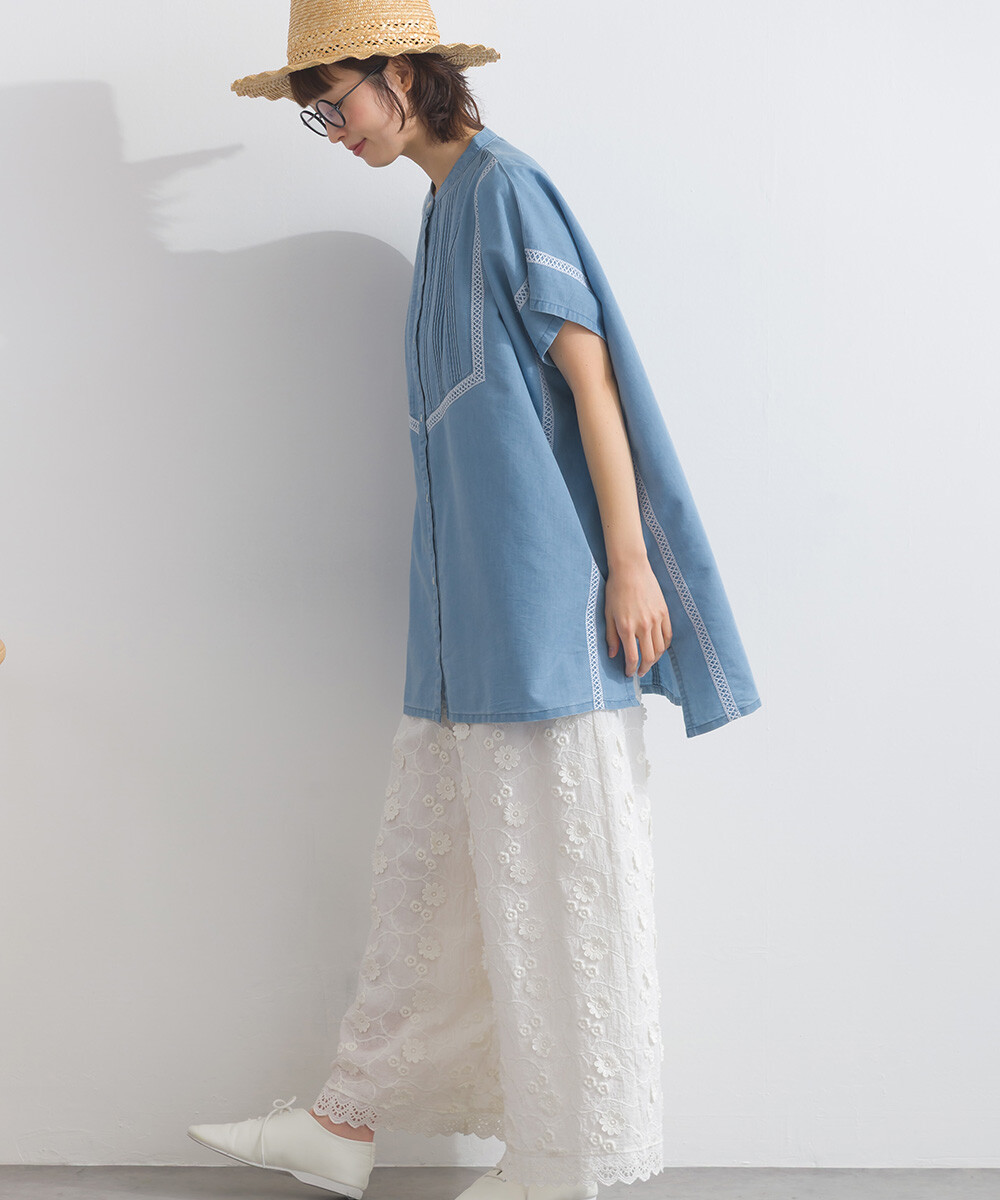 LP - 前片褶皺牛仔布襯衫 (藍色)