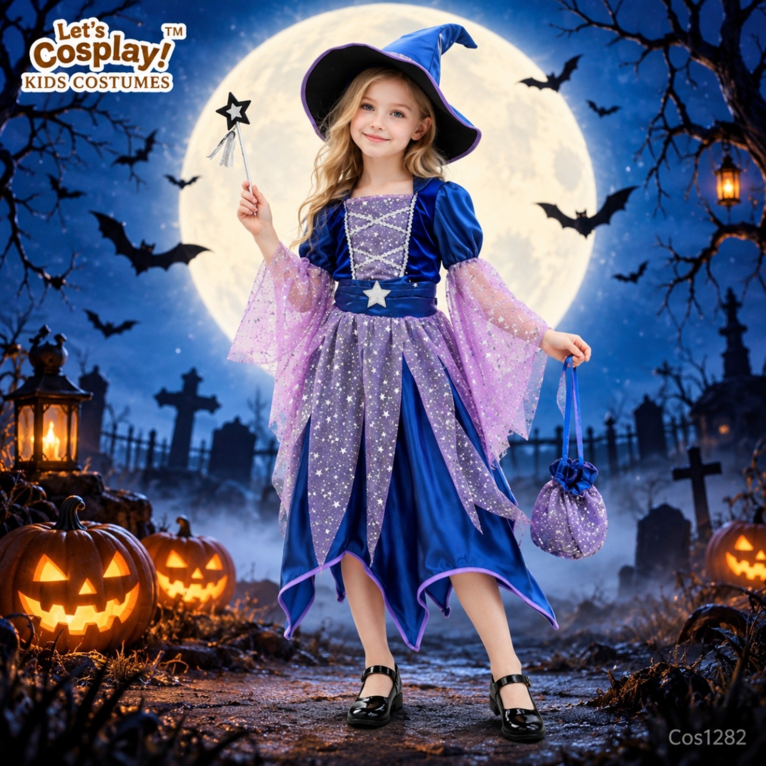 Let's Cosplay 兒童星空小女巫萬聖節角色扮演服 帽＋裙／魔法棒／糖果袋 Halloween Kids Costume COS1282
