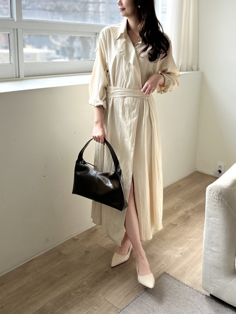 Minimal Belted Shirt Dress (Light Beige)