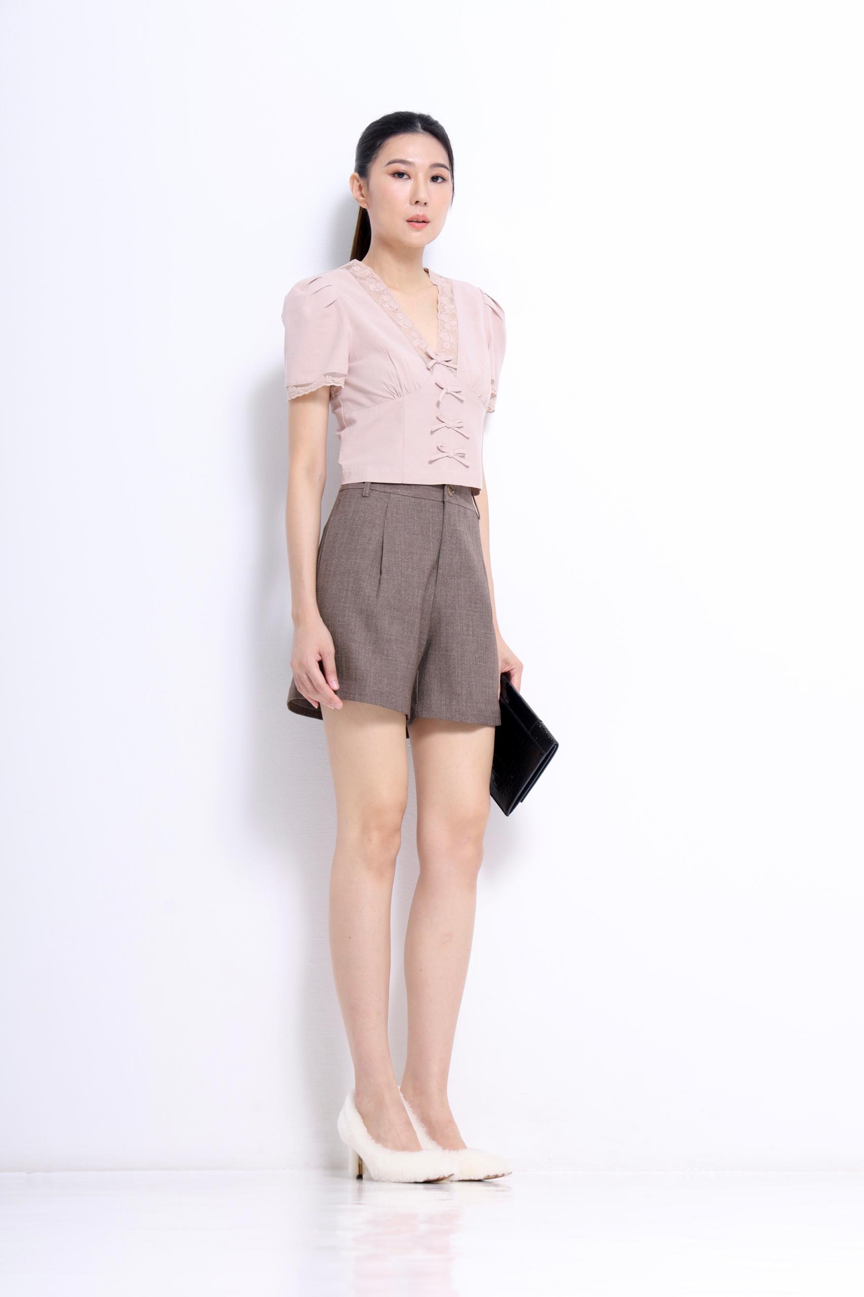 CB2743 French Lace Bow Cropped Blouse