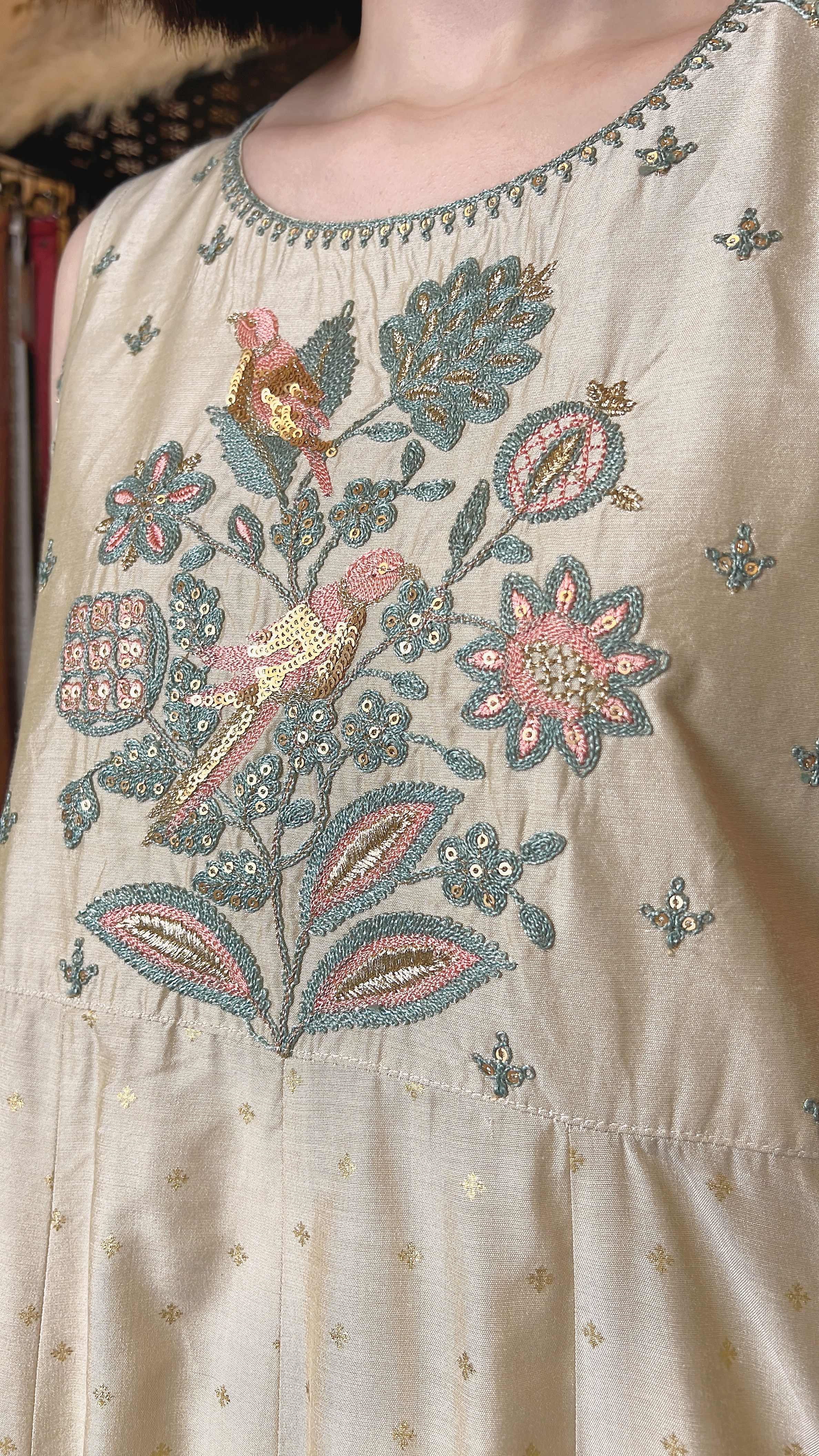 Champagne Gold with bird Emb. Pattern sleeveless OP 46" #1080