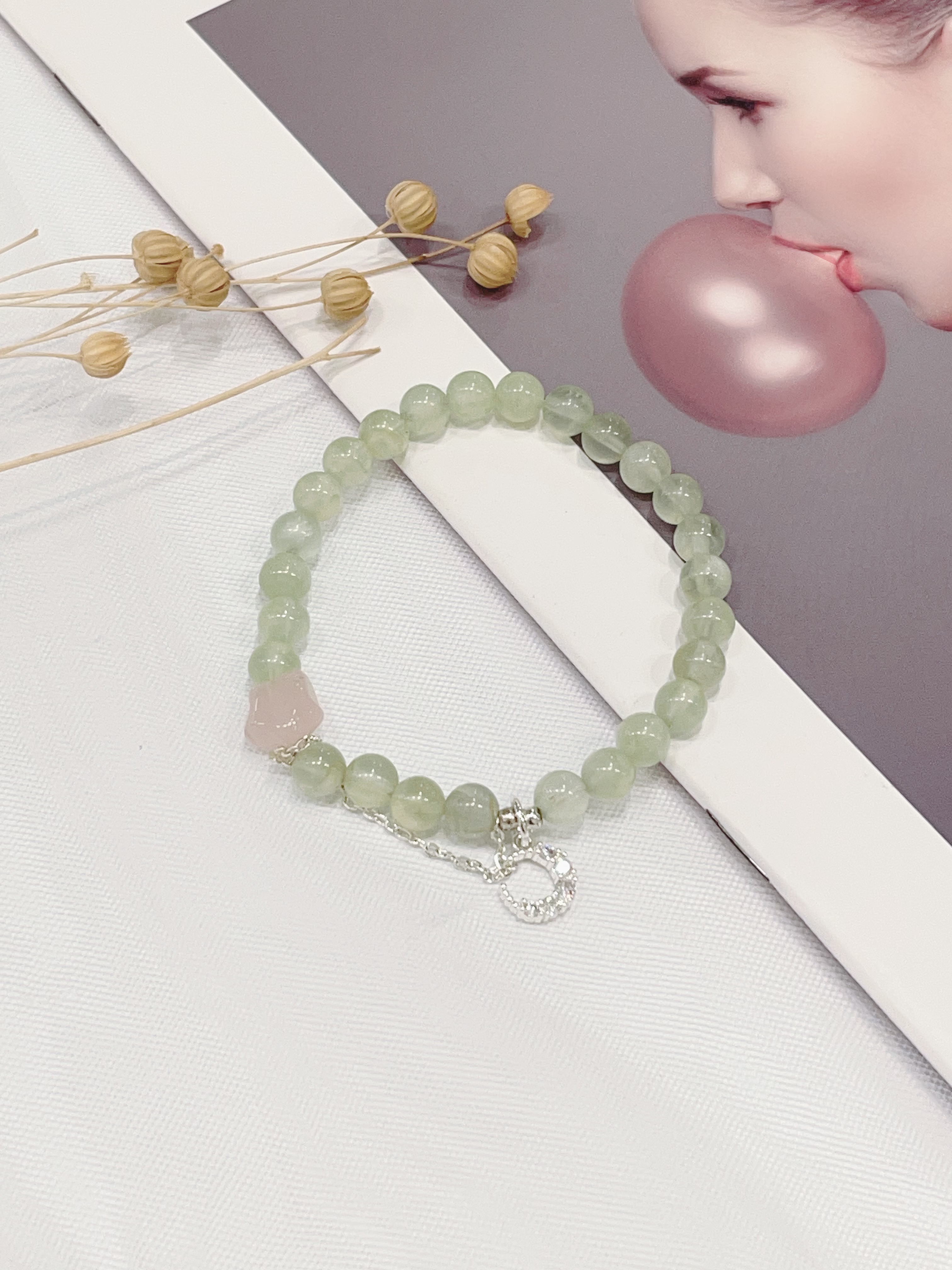 🌸 粉晶星 × 葡萄石手串 Rose Quartz Star & Prehnite | 6mm