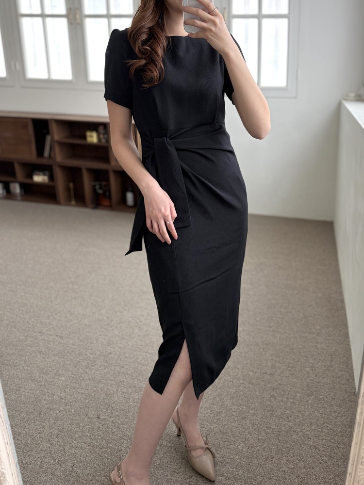Elise Draped Slit Dress (Black)