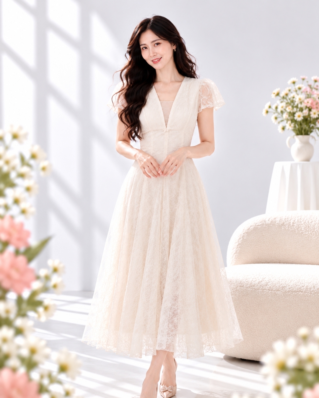 5133 Anastasia Deep V Mesh A-Line Maxi Dress