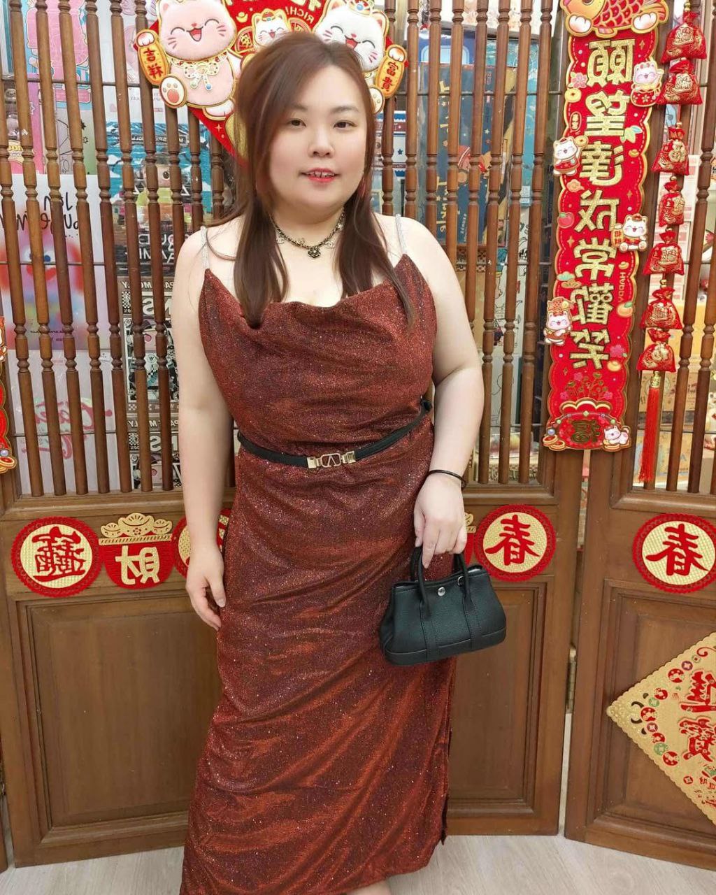 AA09 细吊带亮粉边开叉修身长礼服