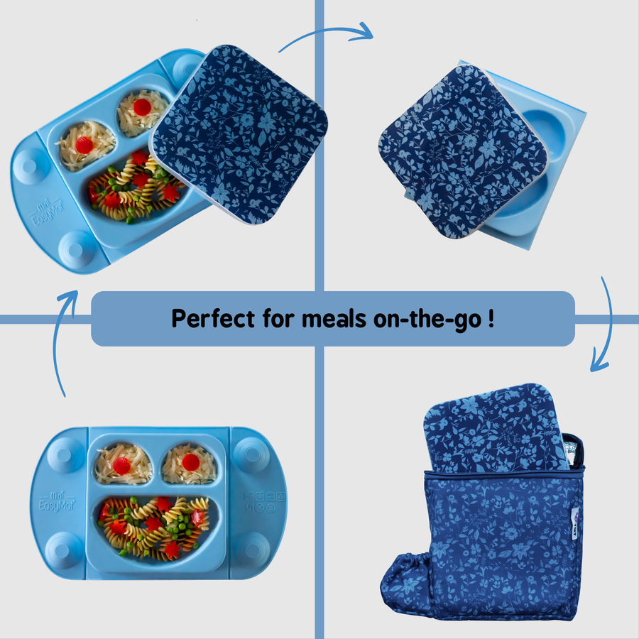 TIDY TOT Premium EasyMat Mini 矽膠吸盤式餐盤(附保溫袋) - 藍色花園【建議4個月或以上】