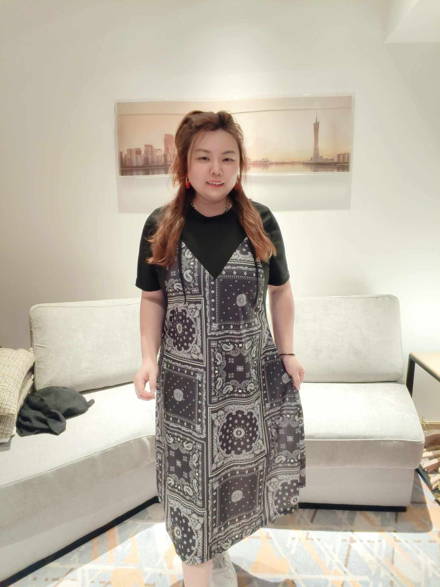 YCH11 1242 假两件式印花图腾连身裙