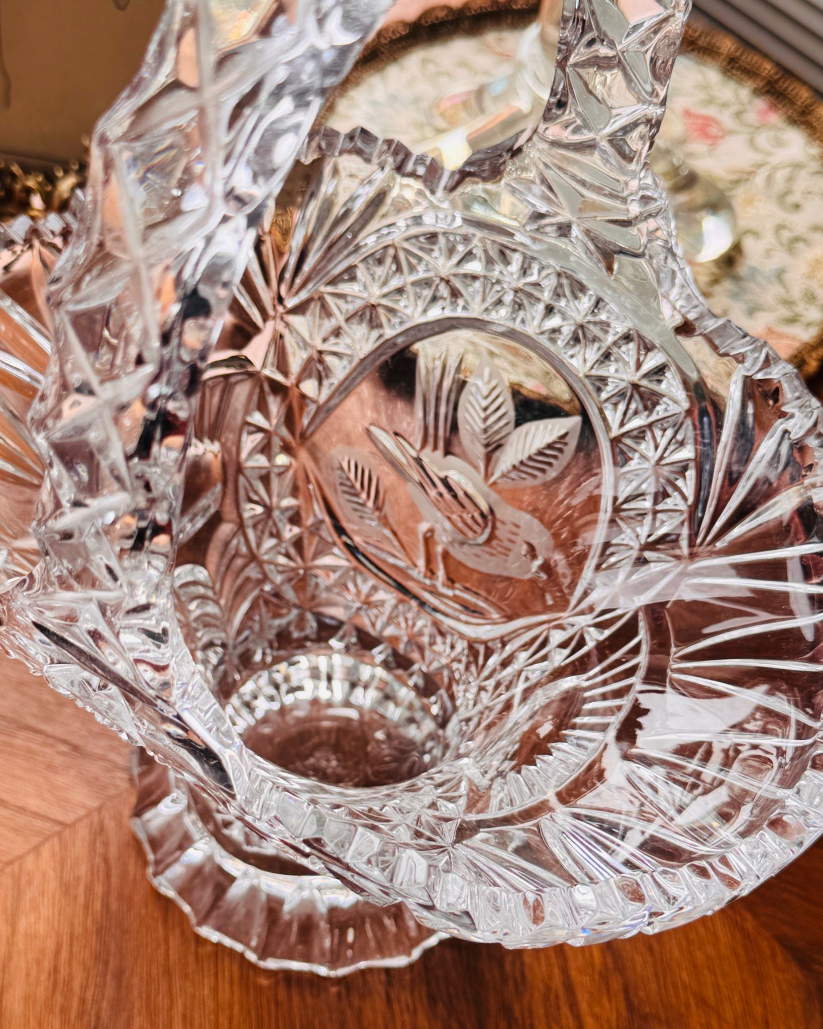 Vintage Crystal Birdsong Basket with Sawtooth Rim