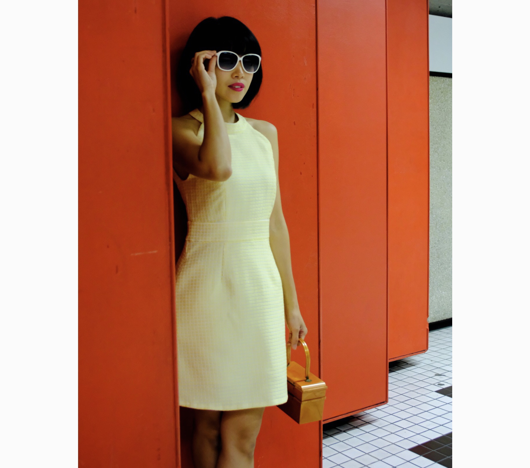 (Ready-made)1960s MOD Yellow Raised Geometric Pattern A-Line Dress(FM135)
