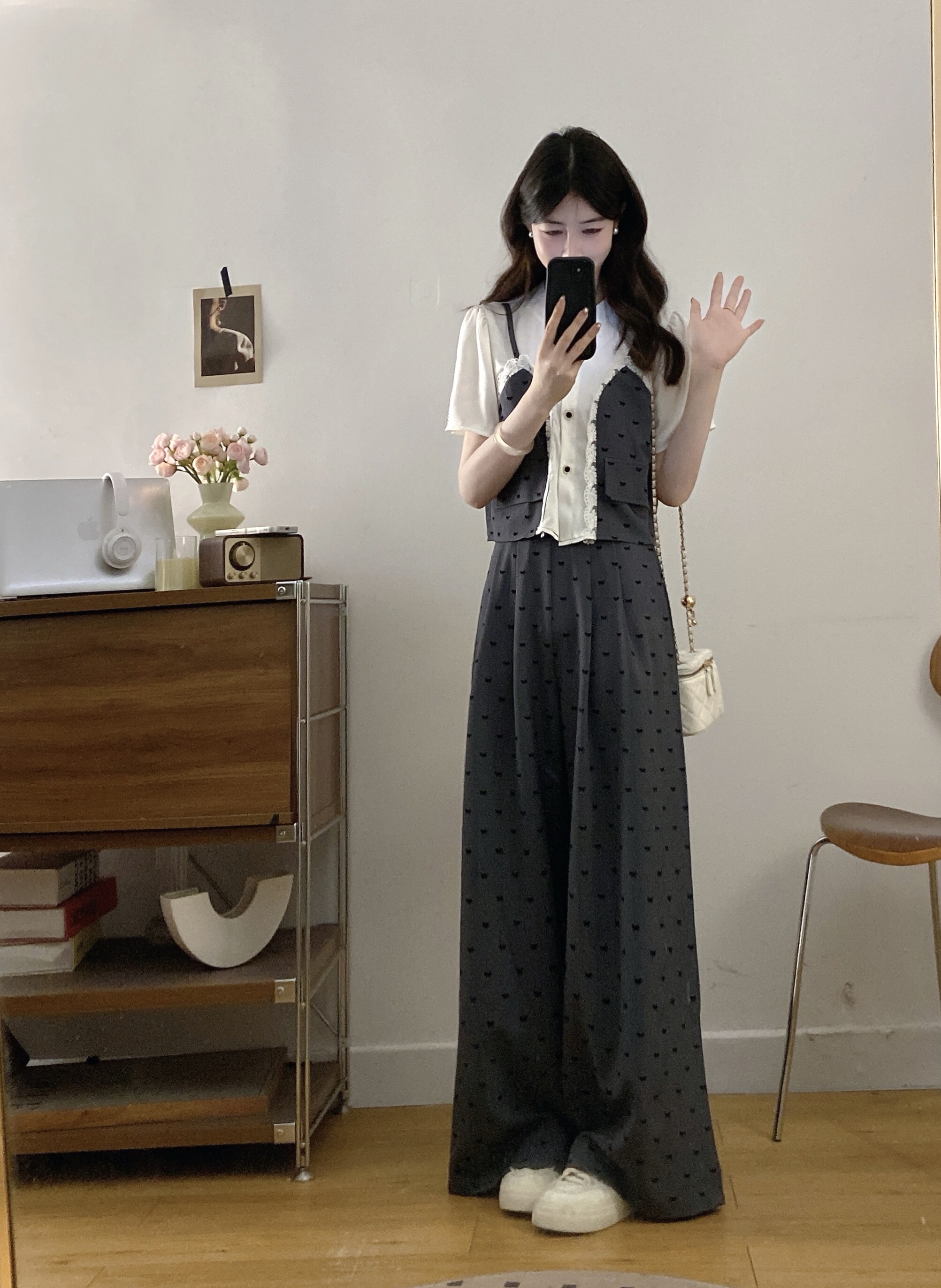 B257(3095) 韩版时尚假两件衬衫拼接吊带蝴蝶结印花上衣与长裤灰套装 