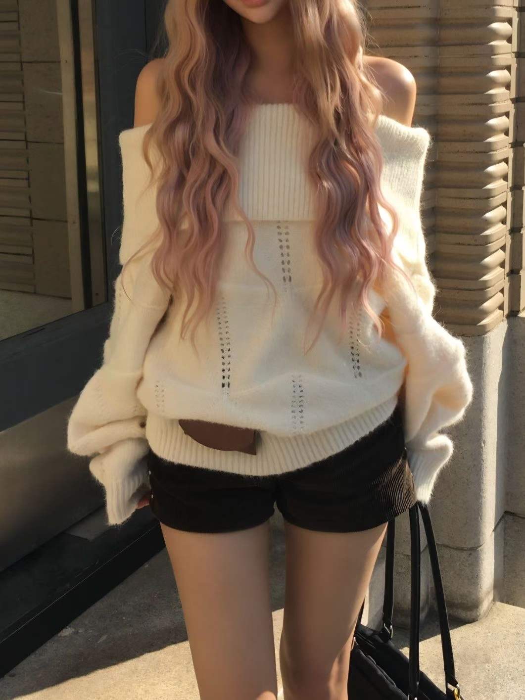 【 🎬 韓國已停產！最後現貨🩶秋冬必備慵懶感～暗格紋反領一字膊兩穿上衣!⚑】 Onni Cozy Oversized Knit(兩色入)