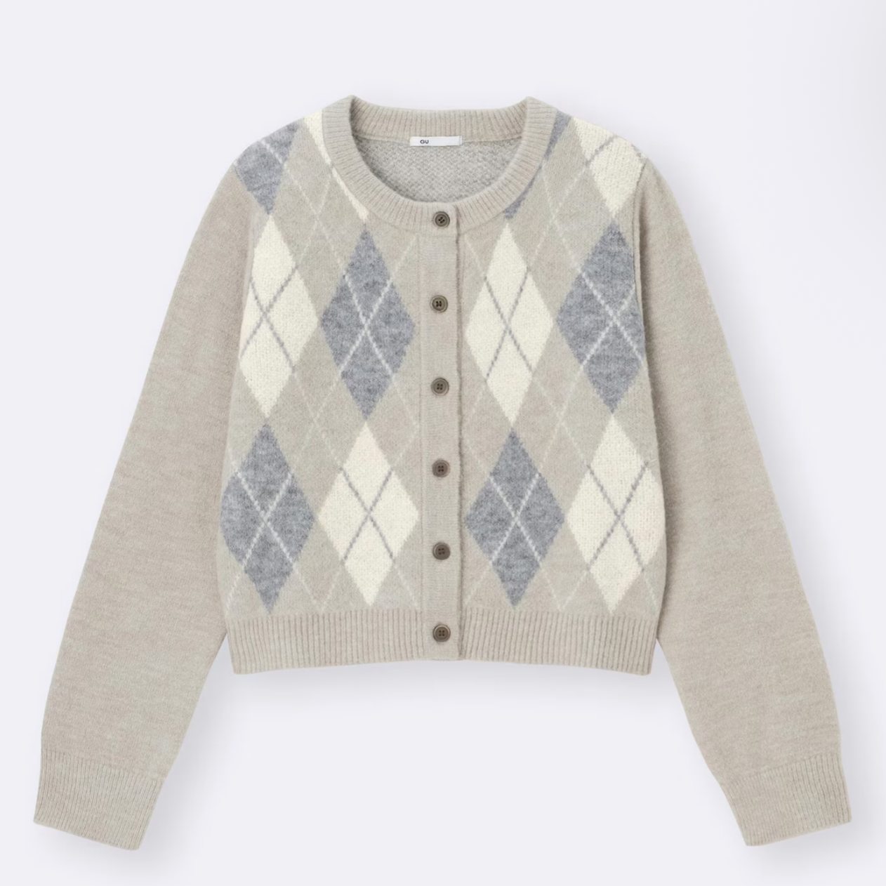 GU Puff Knit Argyle Crew Neck Cardigan