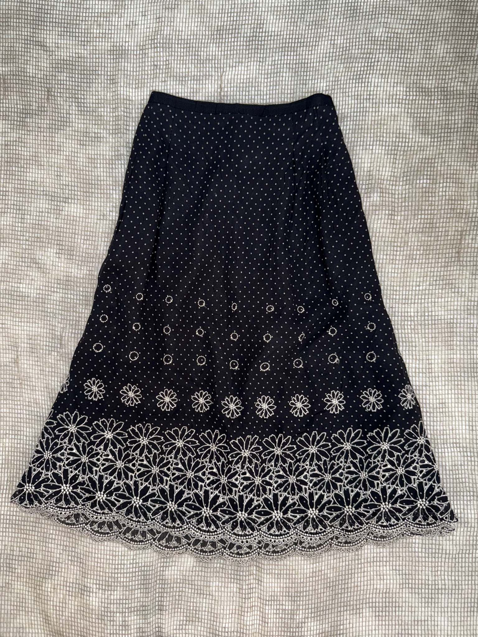Black Polka Dot Skirt with Embroidered Daisy Border and Scalloped Hem