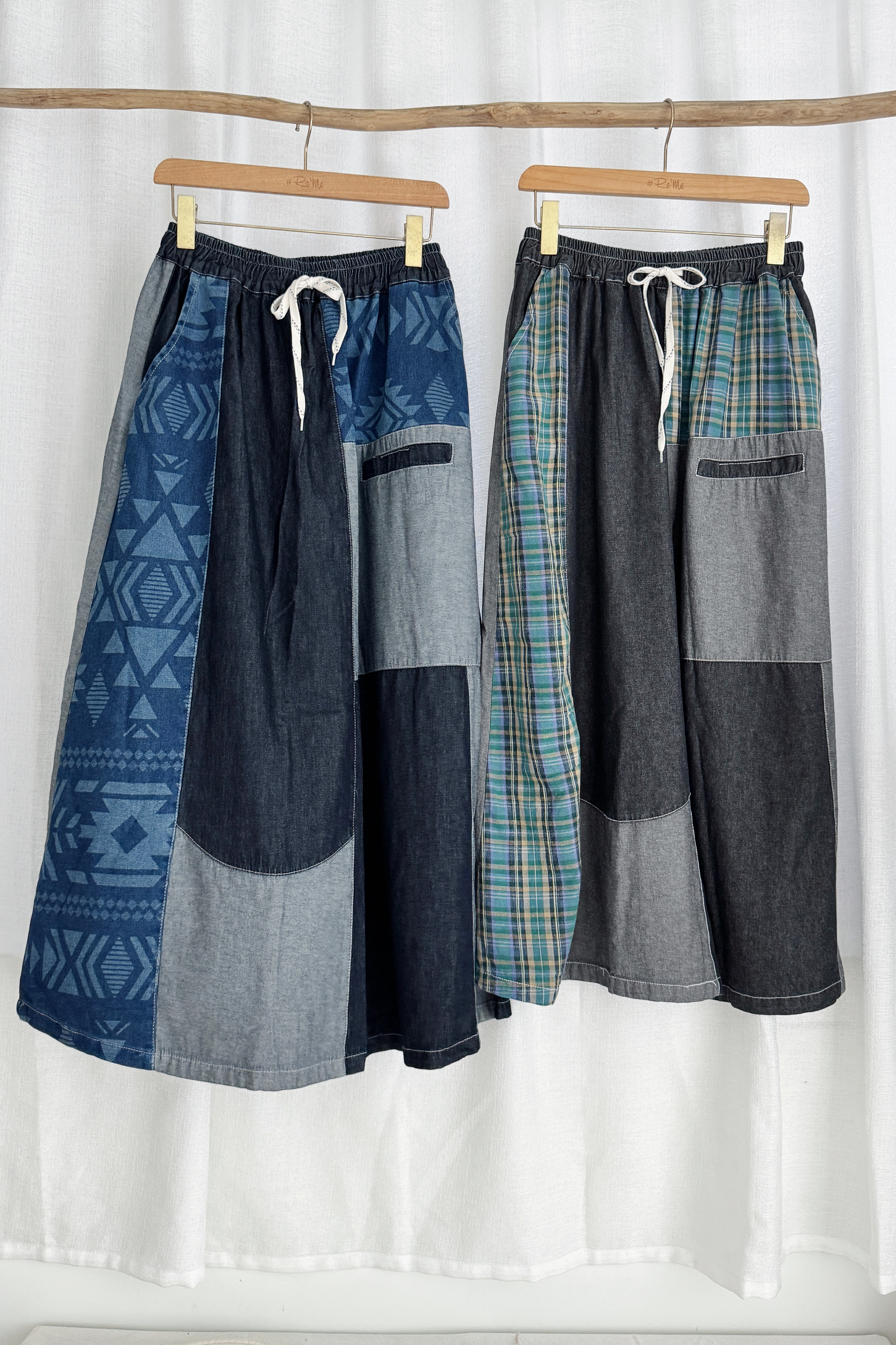 复古文艺风拼接A字牛仔裙