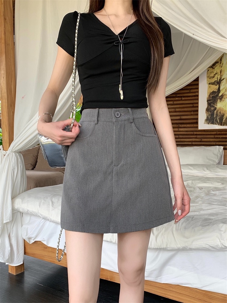 B273(5536) 韩版时尚简约单钮黑灰前裙后裤