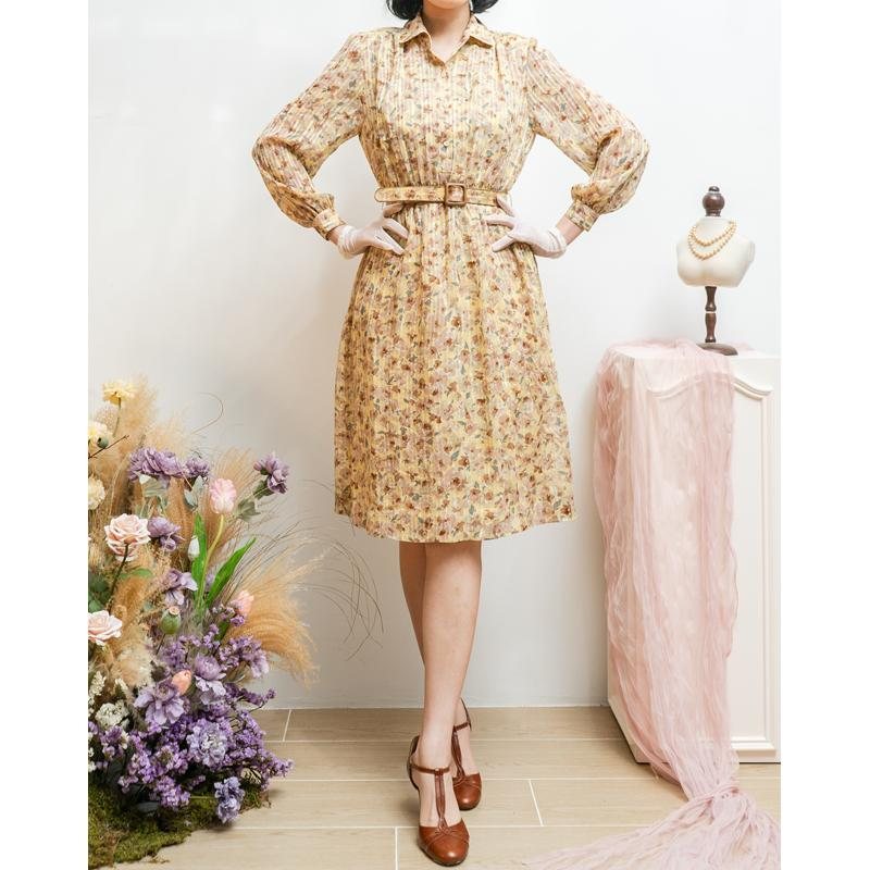 Vintage Japanese Cream Yellow Chiffon Long Sleeve ShirtDress with Original Belt(MT1608-87)