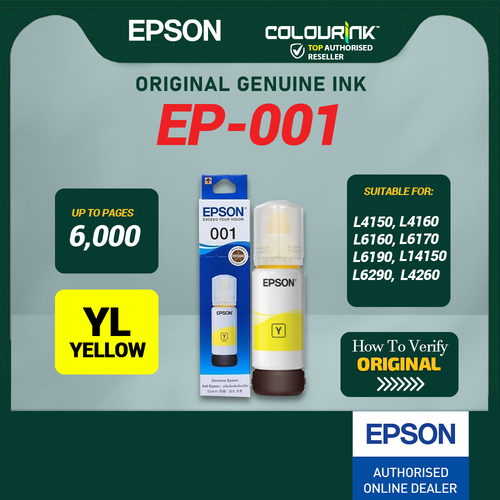 Epson Original Genuine 001 Black Cyan Magenta Yellow Refill Ink Bottle L4150 L4160 L6160 L6170 L6190 L14150 L6290 L4260