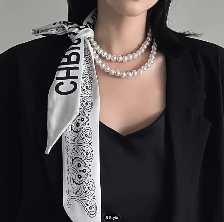 French Scarf with & Chain Accents - Blue & White Abstract