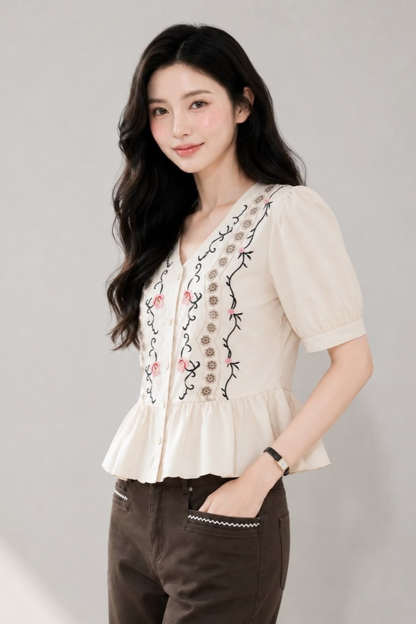 800081 Camellia Embroidered Peplum Top
